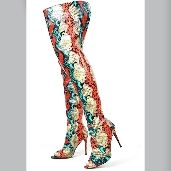 multi colored thigh high boots